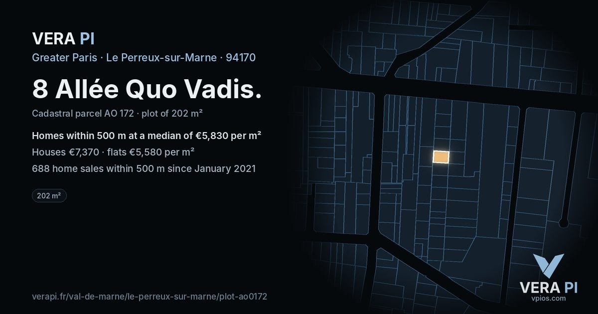 8 Allée Quo Vadis, Le Perreux-sur-Marne at night – the plot lit, the parcels around coloured by the prices near them