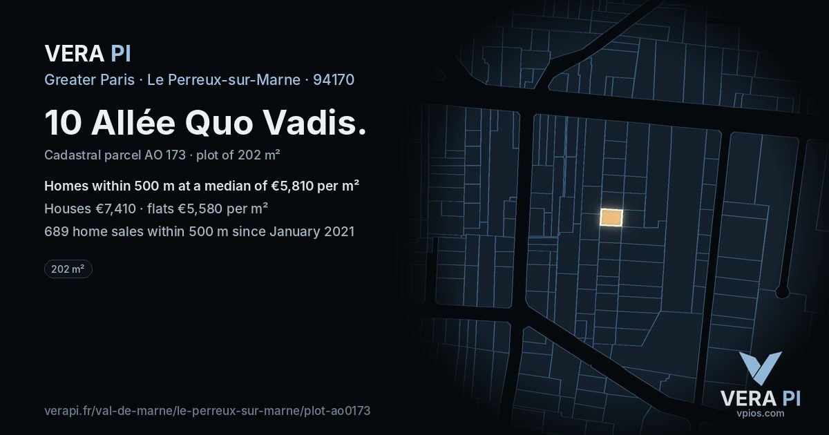 10 Allée Quo Vadis, Le Perreux-sur-Marne at night – the plot lit, the parcels around coloured by the prices near them