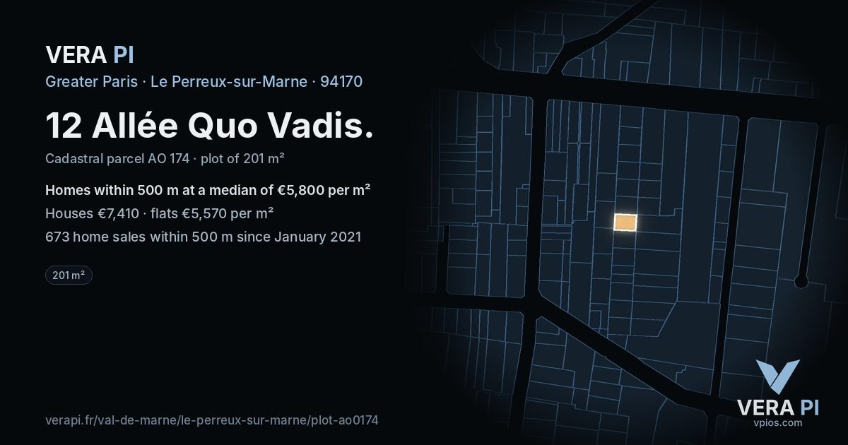 12 Allée Quo Vadis, Le Perreux-sur-Marne at night – the plot lit, the parcels around coloured by the prices near them