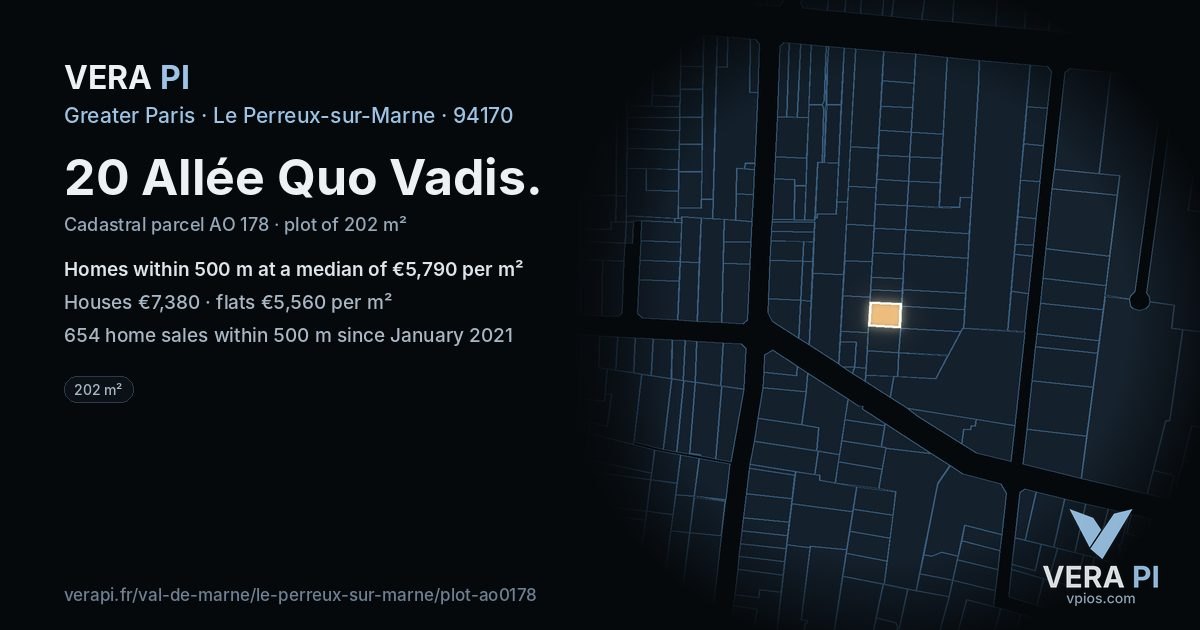 20 Allée Quo Vadis, Le Perreux-sur-Marne at night – the plot lit, the parcels around coloured by the prices near them