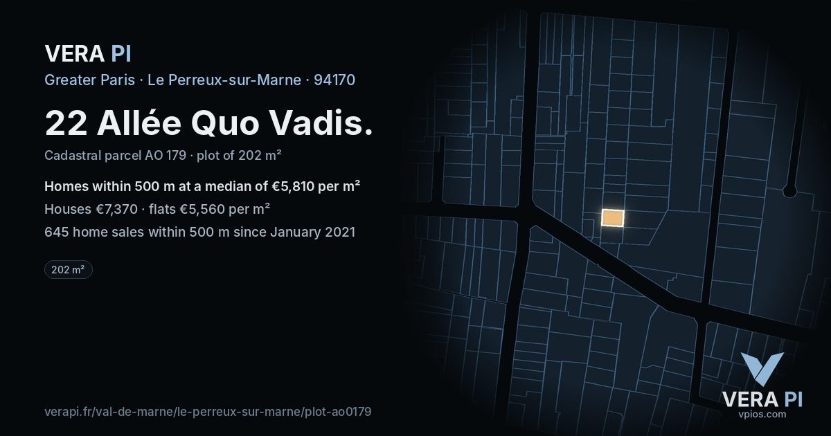 22 Allée Quo Vadis, Le Perreux-sur-Marne at night – the plot lit, the parcels around coloured by the prices near them