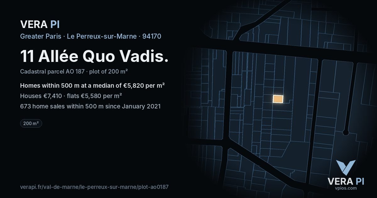 11 Allée Quo Vadis, Le Perreux-sur-Marne at night – the plot lit, the parcels around coloured by the prices near them