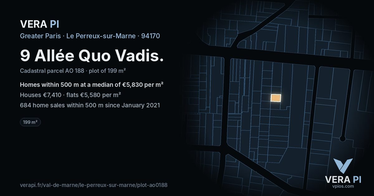 9 Allée Quo Vadis, Le Perreux-sur-Marne at night – the plot lit, the parcels around coloured by the prices near them