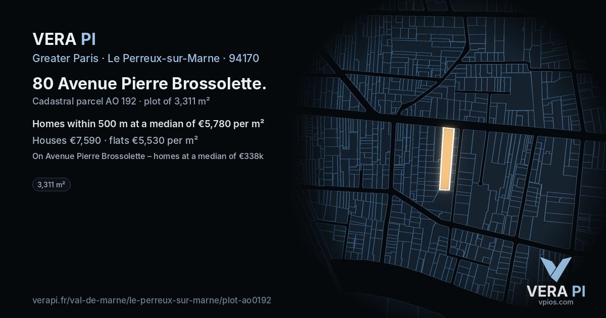 80 Avenue Pierre Brossolette, Le Perreux-sur-Marne at night – the plot lit, the parcels around coloured by the prices near them