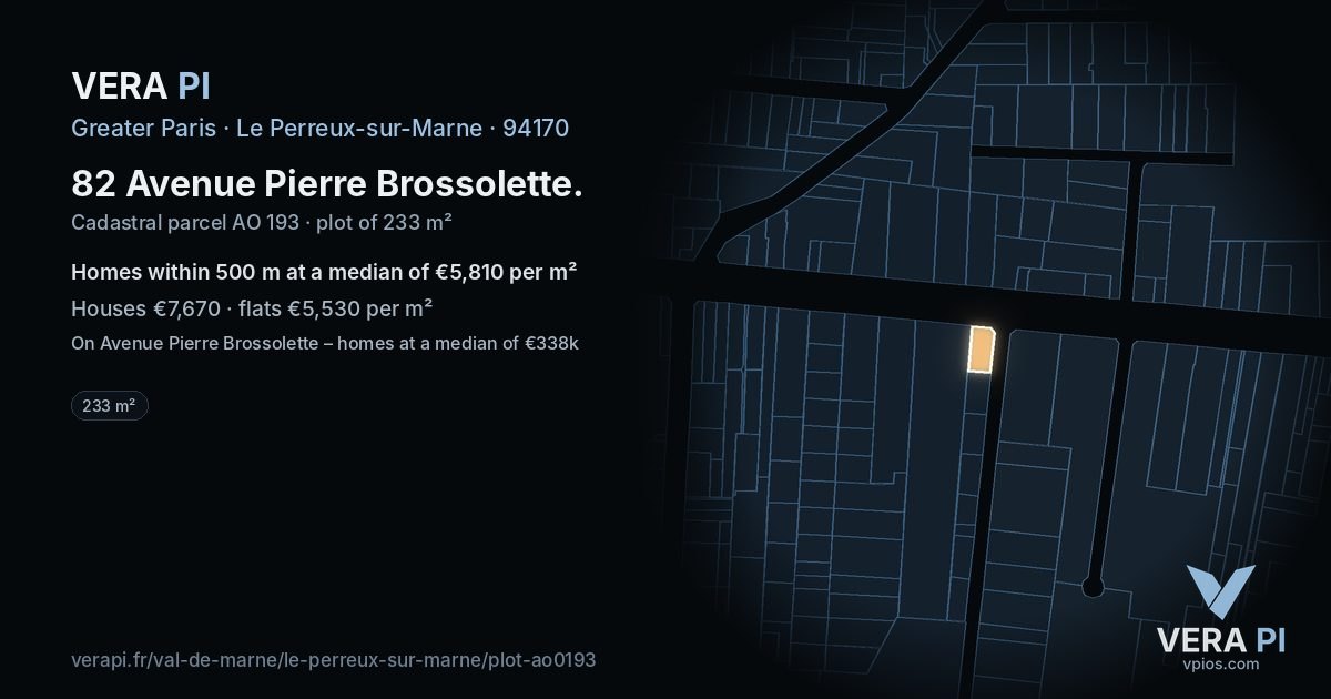82 Avenue Pierre Brossolette, Le Perreux-sur-Marne at night – the plot lit, the parcels around coloured by the prices near them