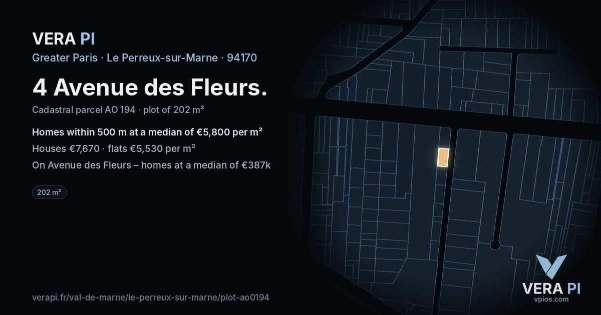 4 Avenue des Fleurs, Le Perreux-sur-Marne at night – the plot lit, the parcels around coloured by the prices near them