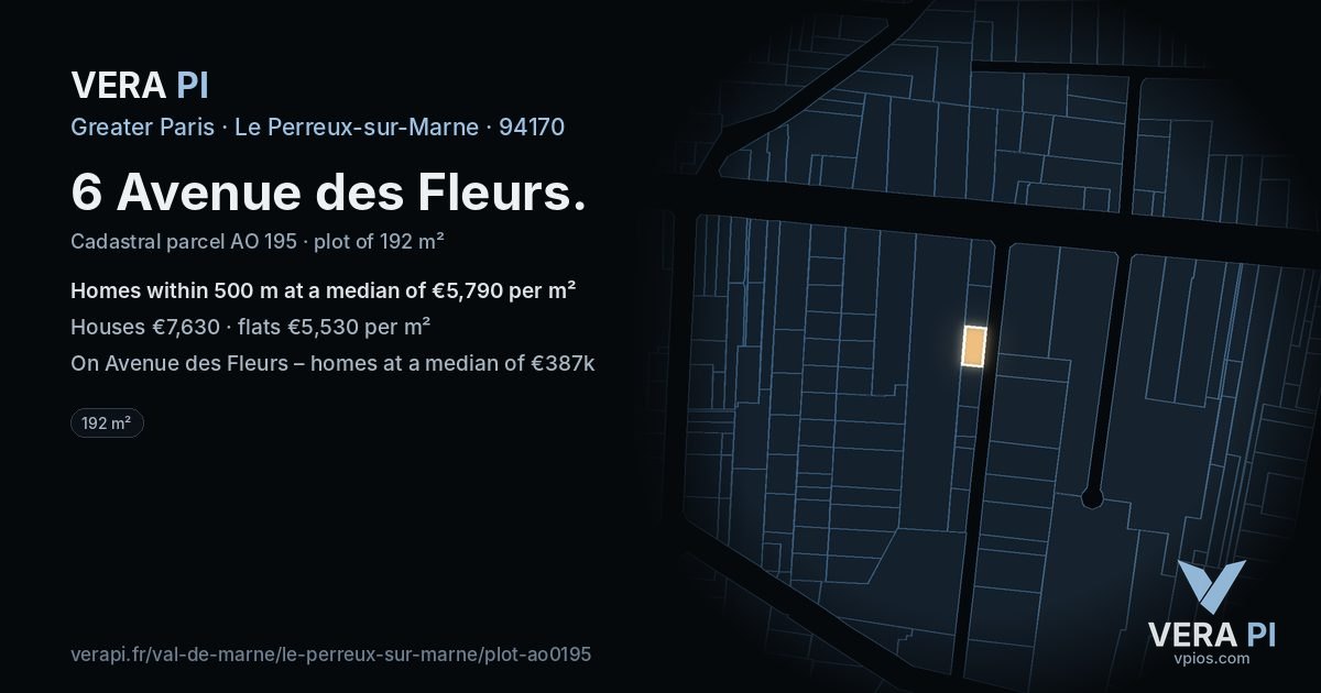 6 Avenue des Fleurs, Le Perreux-sur-Marne at night – the plot lit, the parcels around coloured by the prices near them