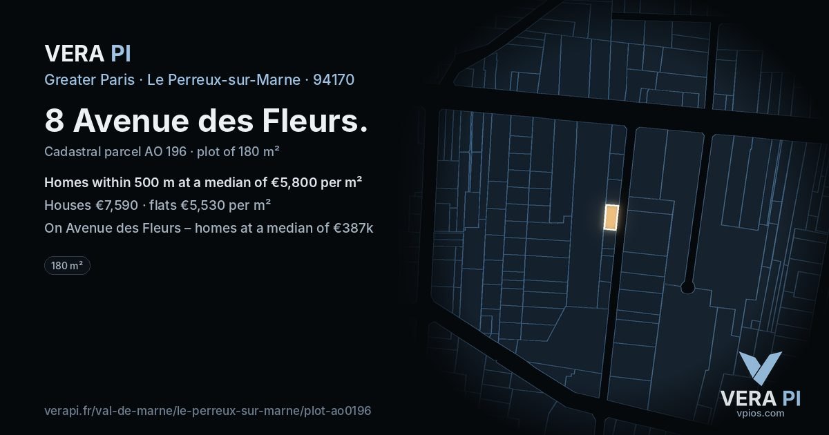 8 Avenue des Fleurs, Le Perreux-sur-Marne at night – the plot lit, the parcels around coloured by the prices near them