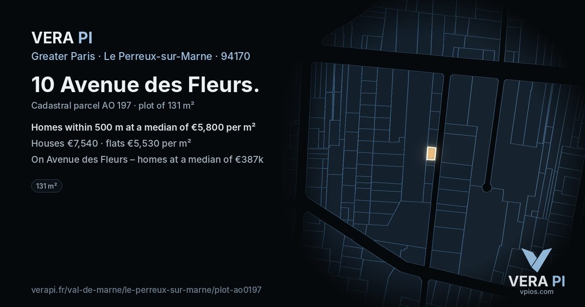 10 Avenue des Fleurs, Le Perreux-sur-Marne at night – the plot lit, the parcels around coloured by the prices near them