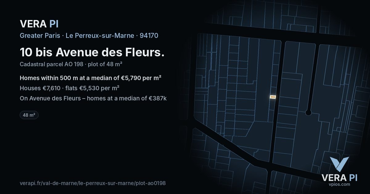 10 bis Avenue des Fleurs, Le Perreux-sur-Marne at night – the plot lit, the parcels around coloured by the prices near them
