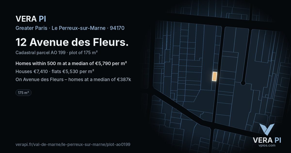 12 Avenue des Fleurs, Le Perreux-sur-Marne at night – the plot lit, the parcels around coloured by the prices near them