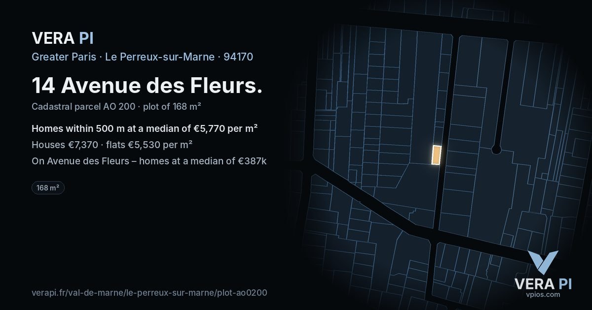 14 Avenue des Fleurs, Le Perreux-sur-Marne at night – the plot lit, the parcels around coloured by the prices near them