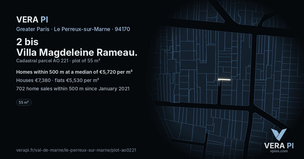 2 bis Villa Magdeleine Rameau, Le Perreux-sur-Marne at night – the plot lit, the parcels around coloured by the prices near them