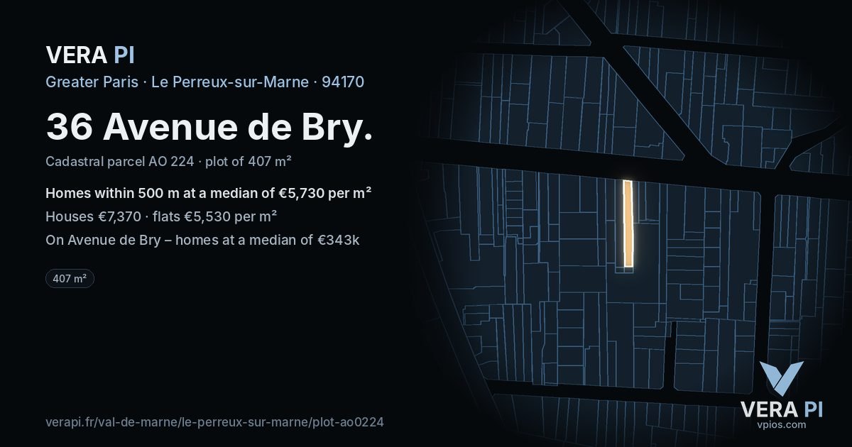 36 Avenue de Bry, Le Perreux-sur-Marne at night – the plot lit, the parcels around coloured by the prices near them