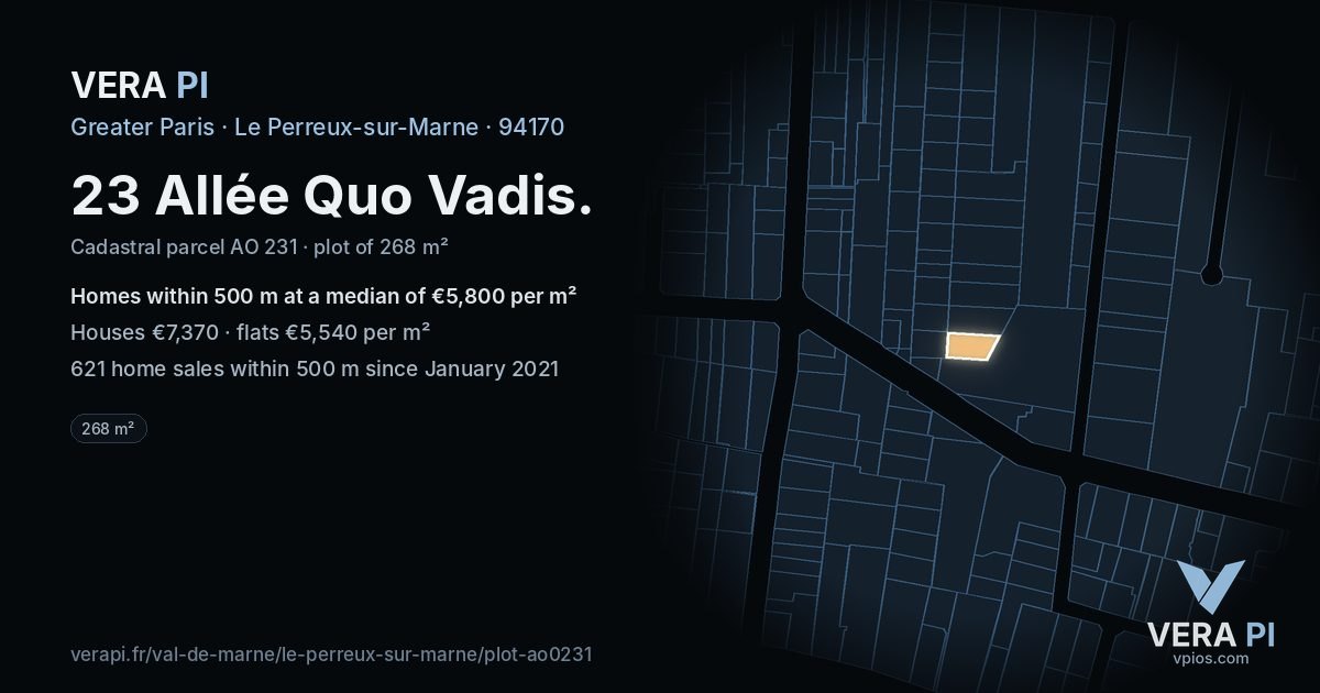 23 Allée Quo Vadis, Le Perreux-sur-Marne at night – the plot lit, the parcels around coloured by the prices near them