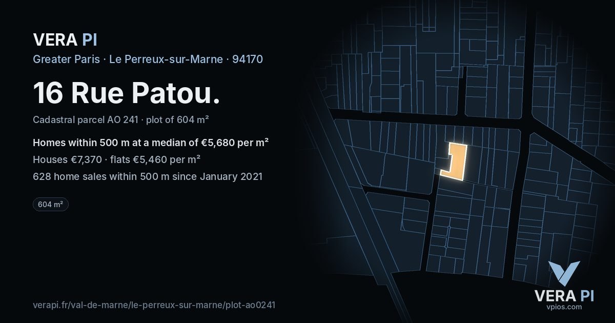 16 Rue Patou, Le Perreux-sur-Marne at night – the plot lit, the parcels around coloured by the prices near them