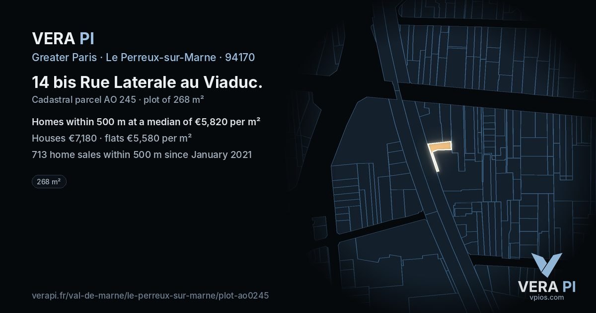 14 bis Rue Laterale au Viaduc, Le Perreux-sur-Marne at night – the plot lit, the parcels around coloured by the prices near them