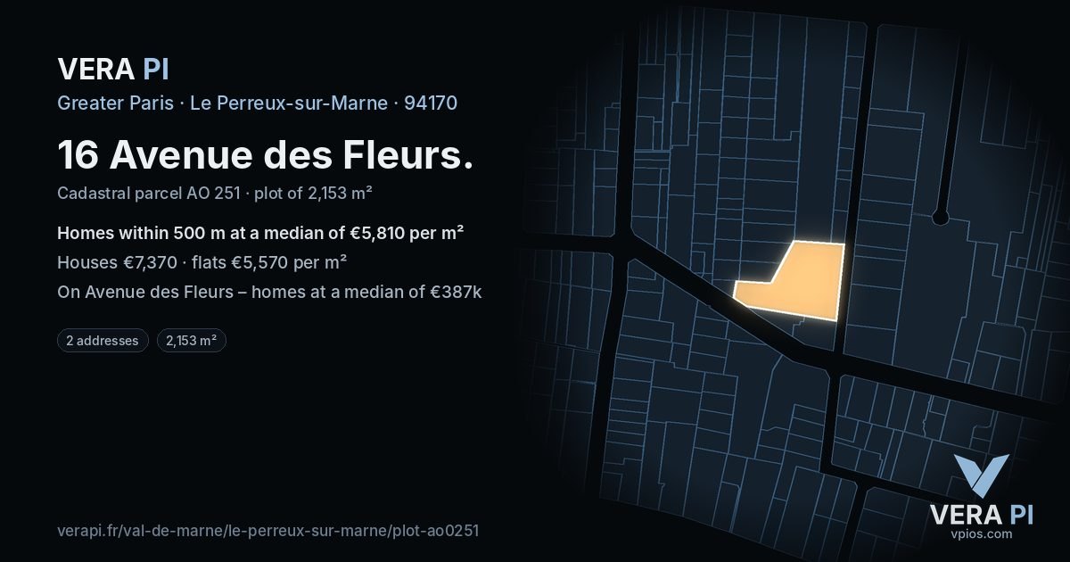 16 Avenue des Fleurs, Le Perreux-sur-Marne at night – the plot lit, the parcels around coloured by the prices near them