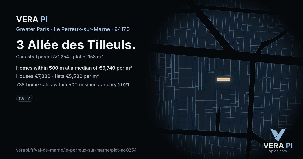 3 Allée des Tilleuls, Le Perreux-sur-Marne at night – the plot lit, the parcels around coloured by the prices near them