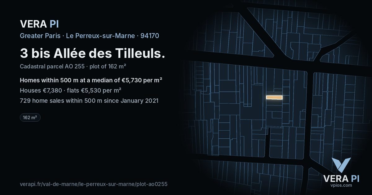 3 bis Allée des Tilleuls, Le Perreux-sur-Marne at night – the plot lit, the parcels around coloured by the prices near them