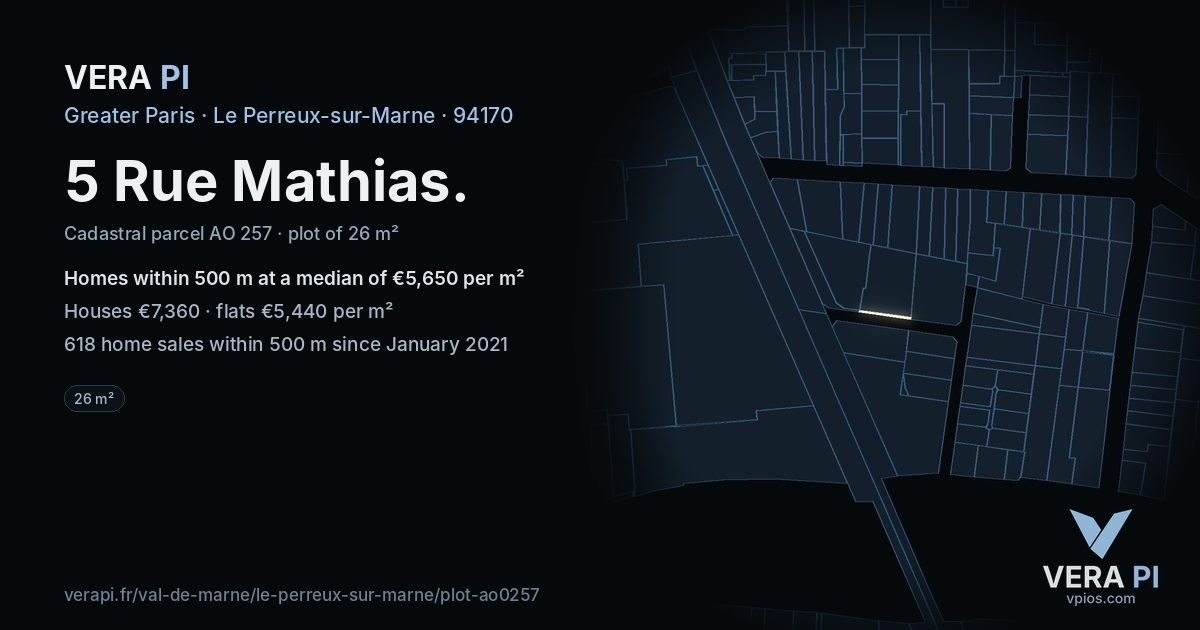 5 Rue Mathias, Le Perreux-sur-Marne at night – the plot lit, the parcels around coloured by the prices near them