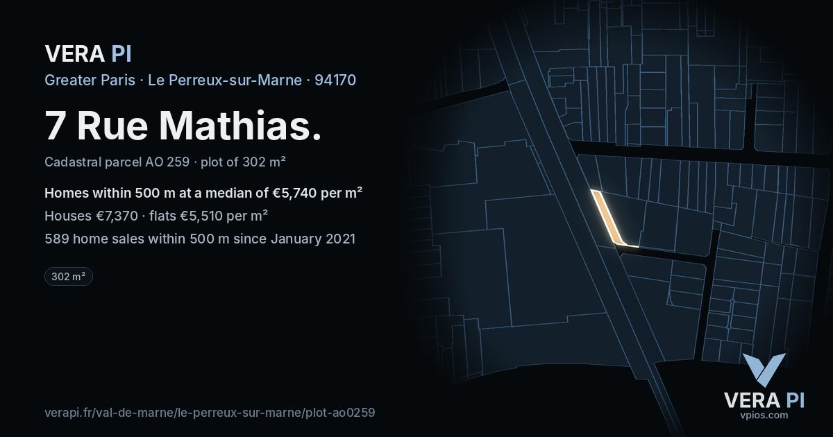 7 Rue Mathias, Le Perreux-sur-Marne at night – the plot lit, the parcels around coloured by the prices near them