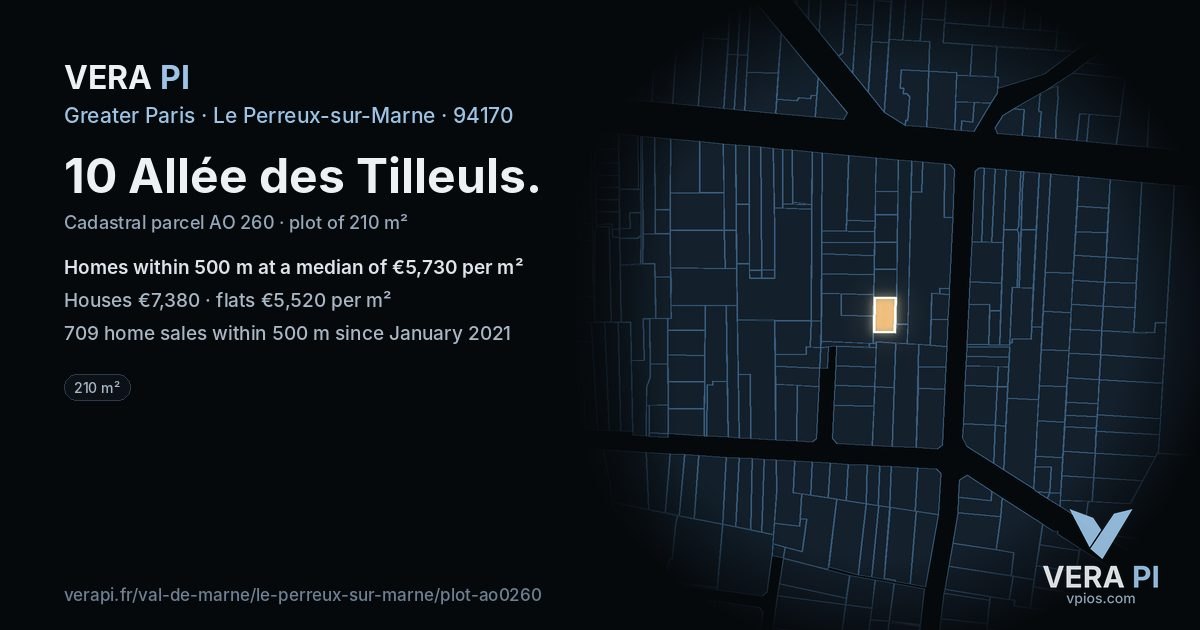 10 Allée des Tilleuls, Le Perreux-sur-Marne at night – the plot lit, the parcels around coloured by the prices near them