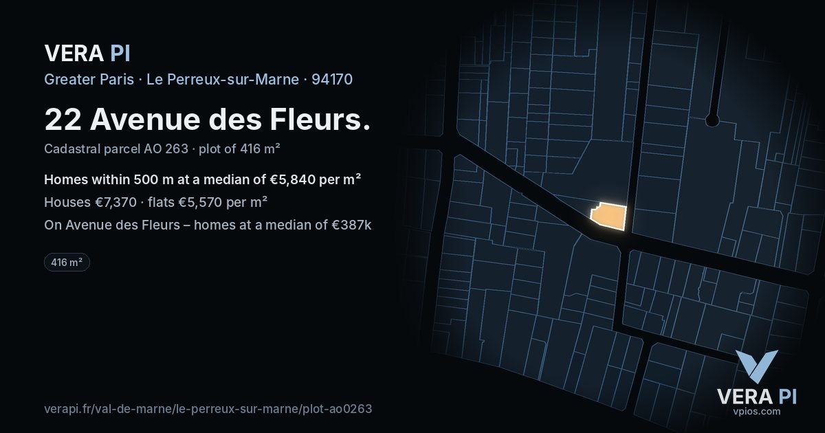 22 Avenue des Fleurs, Le Perreux-sur-Marne at night – the plot lit, the parcels around coloured by the prices near them