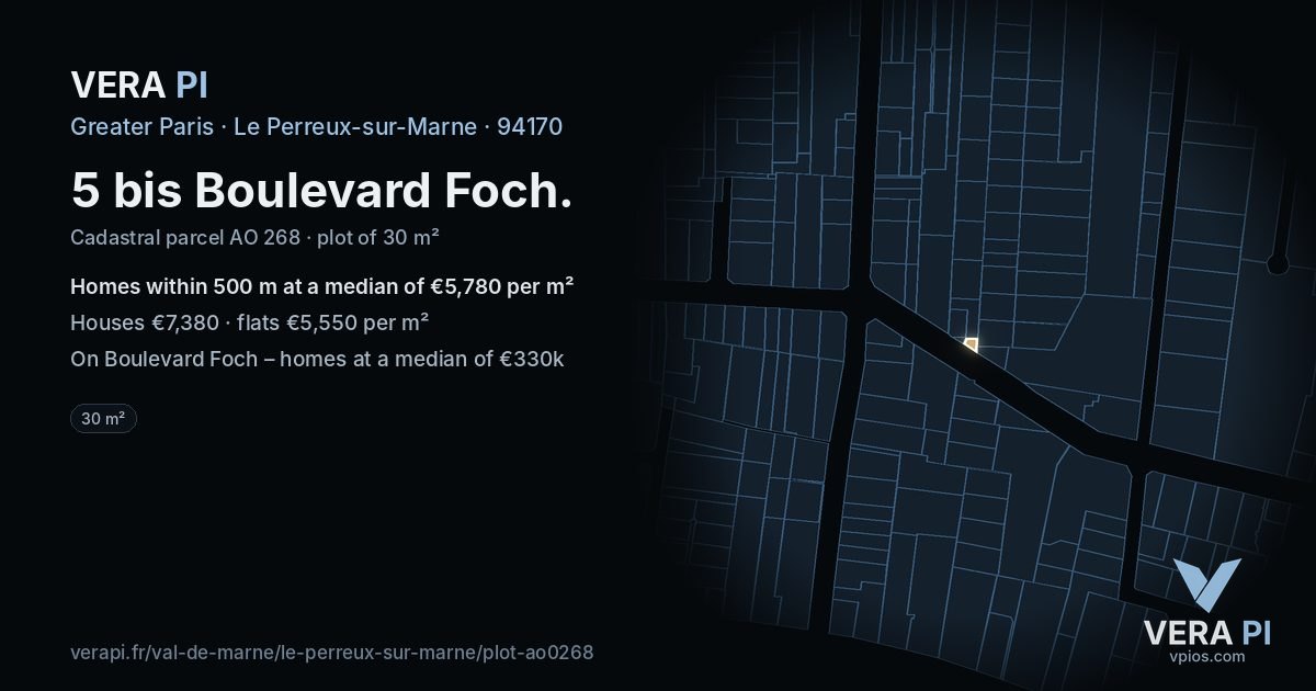 5 bis Boulevard Foch, Le Perreux-sur-Marne at night – the plot lit, the parcels around coloured by the prices near them