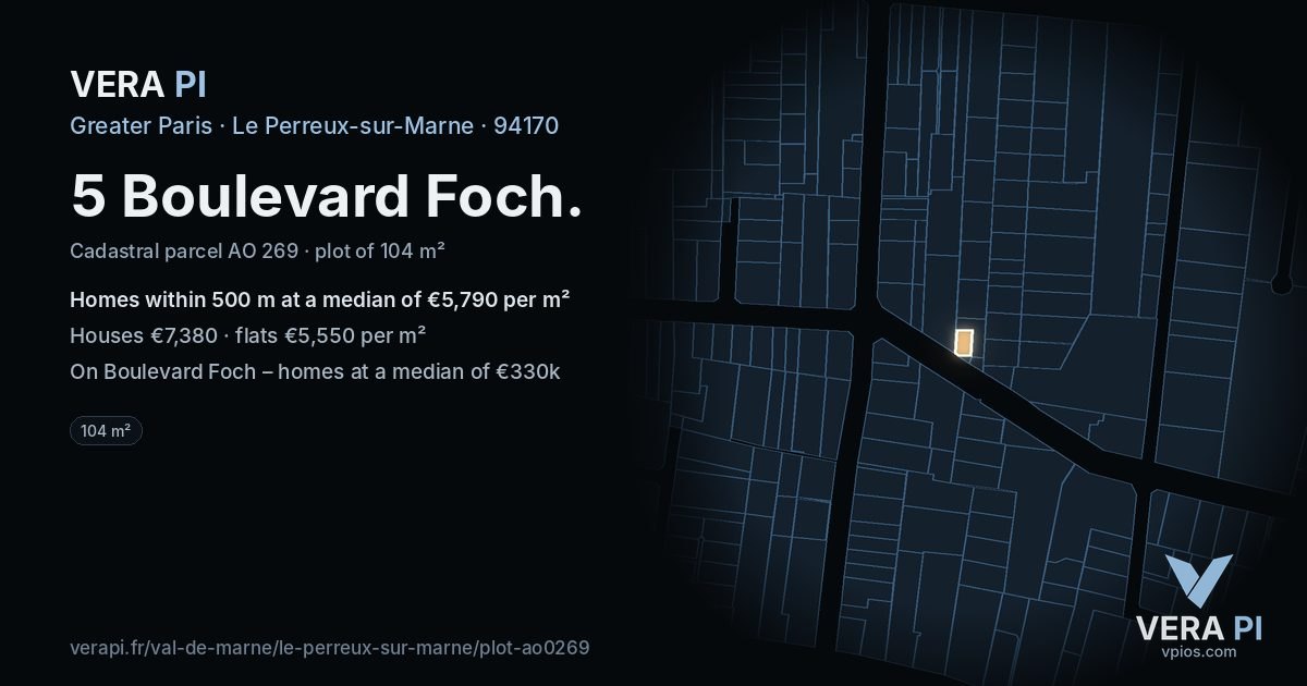 5 Boulevard Foch, Le Perreux-sur-Marne at night – the plot lit, the parcels around coloured by the prices near them