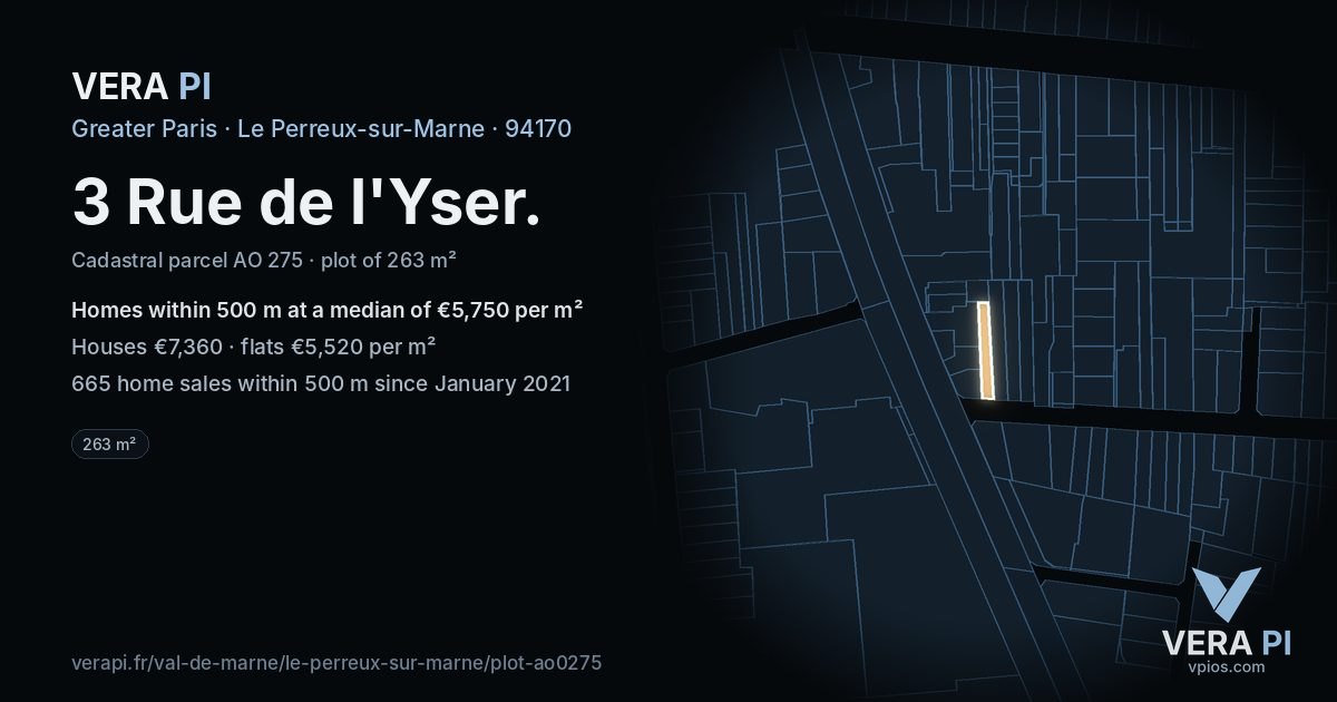 3 Rue de l'Yser, Le Perreux-sur-Marne at night – the plot lit, the parcels around coloured by the prices near them