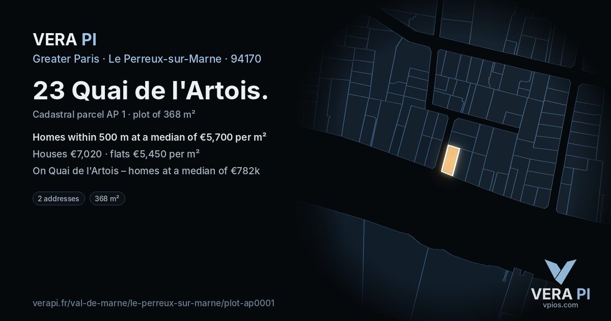 23 Quai de l'Artois, Le Perreux-sur-Marne at night – the plot lit, the parcels around coloured by the prices near them