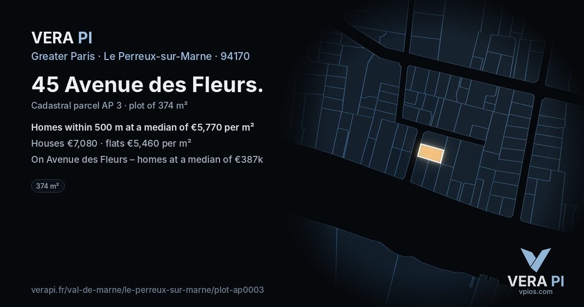 45 Avenue des Fleurs, Le Perreux-sur-Marne at night – the plot lit, the parcels around coloured by the prices near them