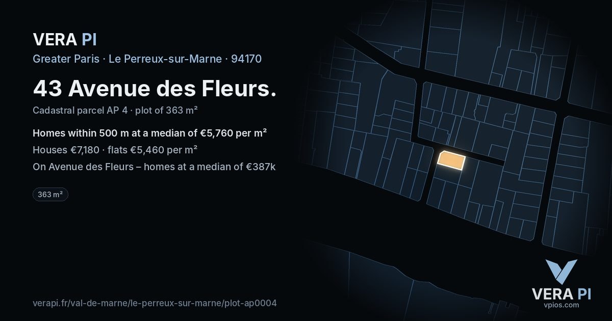 43 Avenue des Fleurs, Le Perreux-sur-Marne at night – the plot lit, the parcels around coloured by the prices near them