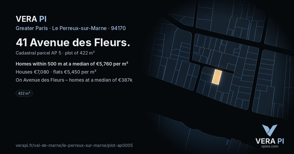 41 Avenue des Fleurs, Le Perreux-sur-Marne at night – the plot lit, the parcels around coloured by the prices near them