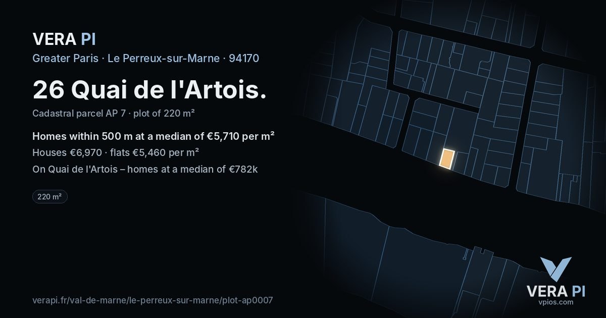 26 Quai de l'Artois, Le Perreux-sur-Marne at night – the plot lit, the parcels around coloured by the prices near them