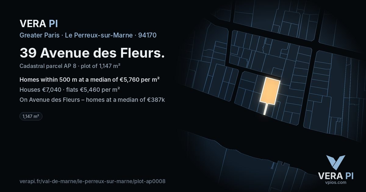 39 Avenue des Fleurs, Le Perreux-sur-Marne at night – the plot lit, the parcels around coloured by the prices near them