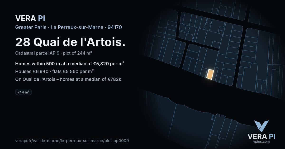28 Quai de l'Artois, Le Perreux-sur-Marne at night – the plot lit, the parcels around coloured by the prices near them