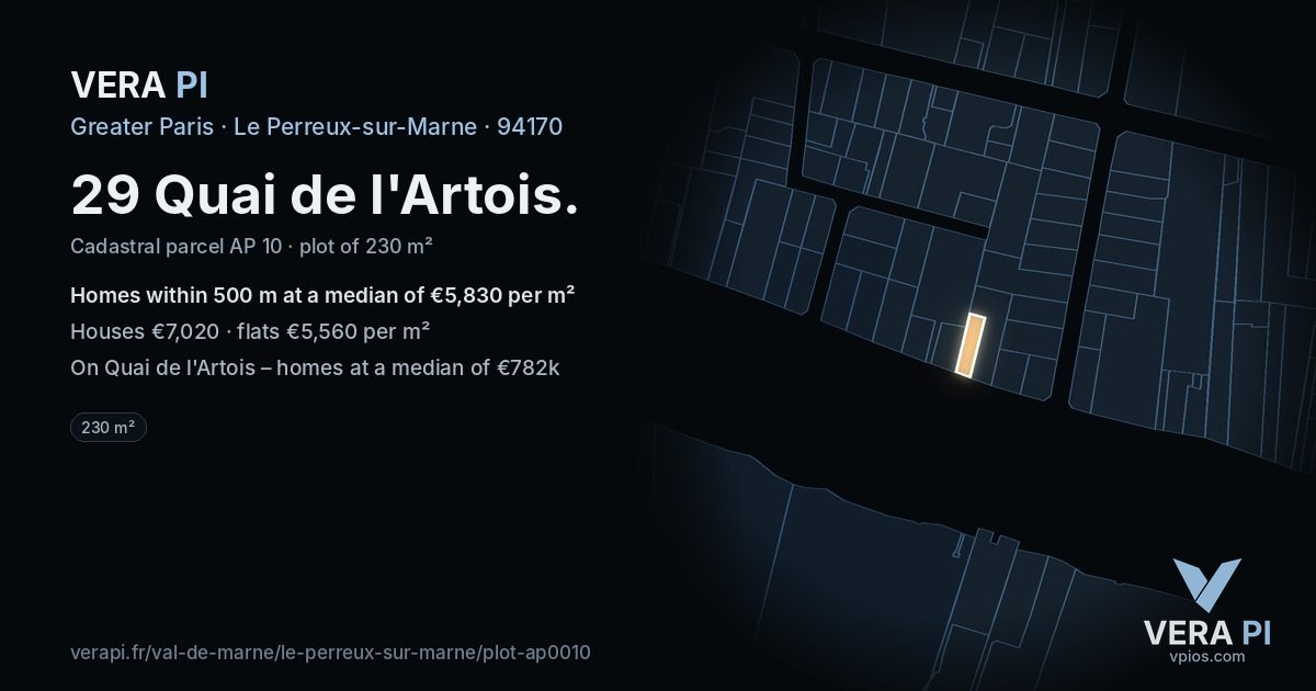 29 Quai de l'Artois, Le Perreux-sur-Marne at night – the plot lit, the parcels around coloured by the prices near them