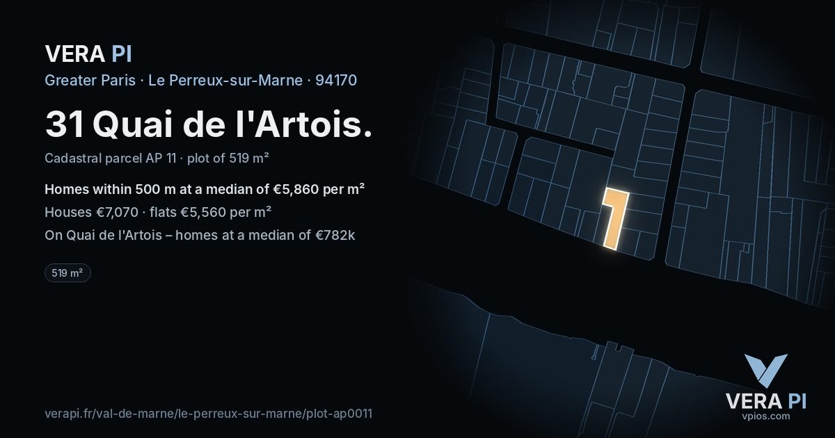 31 Quai de l'Artois, Le Perreux-sur-Marne at night – the plot lit, the parcels around coloured by the prices near them