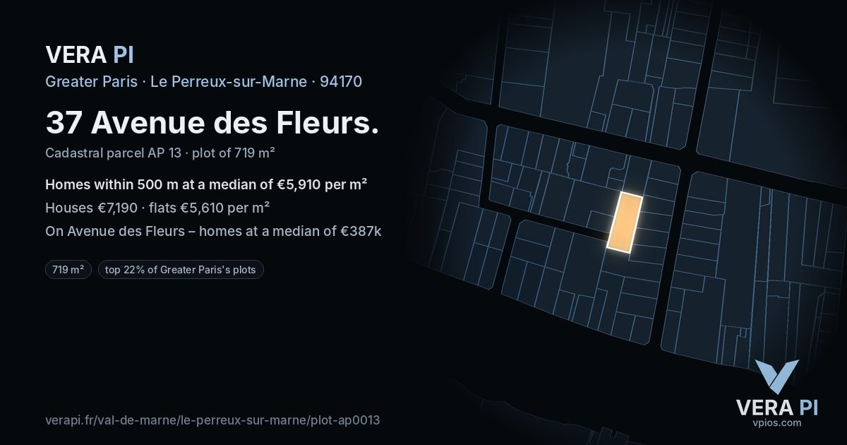 37 Avenue des Fleurs, Le Perreux-sur-Marne at night – the plot lit, the parcels around coloured by the prices near them