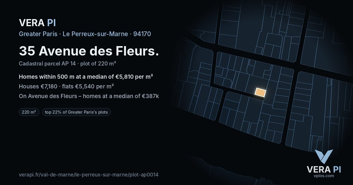 35 Avenue des Fleurs, Le Perreux-sur-Marne at night – the plot lit, the parcels around coloured by the prices near them