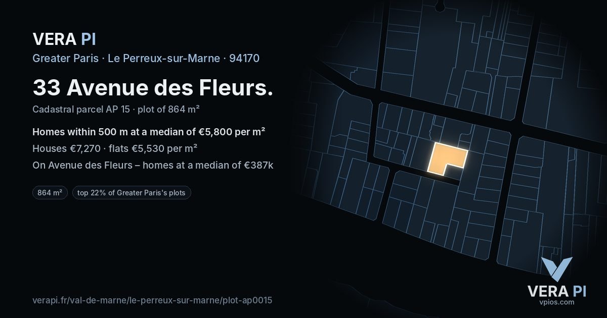 33 Avenue des Fleurs, Le Perreux-sur-Marne at night – the plot lit, the parcels around coloured by the prices near them