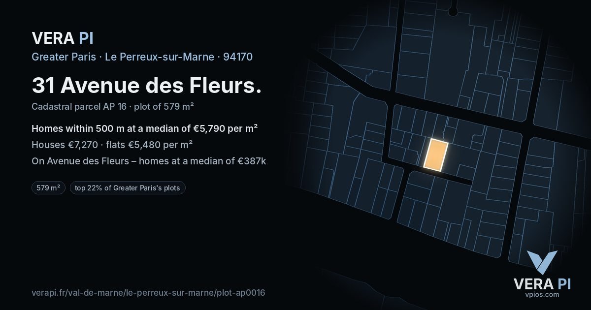31 Avenue des Fleurs, Le Perreux-sur-Marne at night – the plot lit, the parcels around coloured by the prices near them