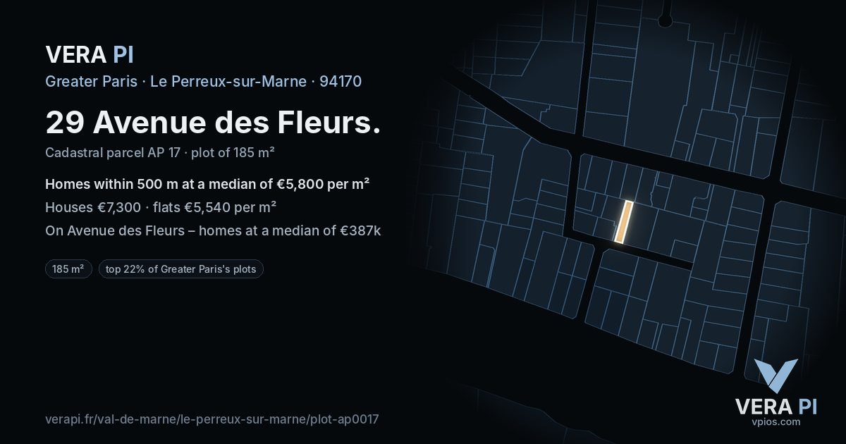 29 Avenue des Fleurs, Le Perreux-sur-Marne at night – the plot lit, the parcels around coloured by the prices near them