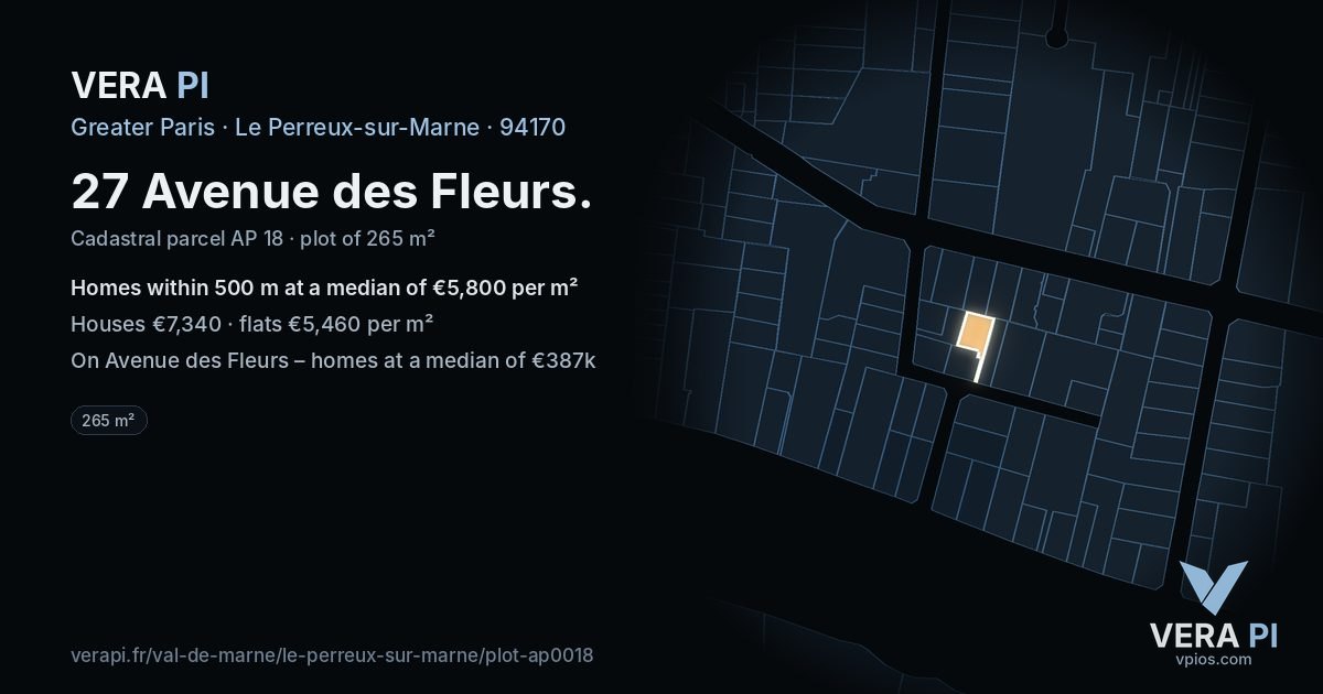 27 Avenue des Fleurs, Le Perreux-sur-Marne at night – the plot lit, the parcels around coloured by the prices near them