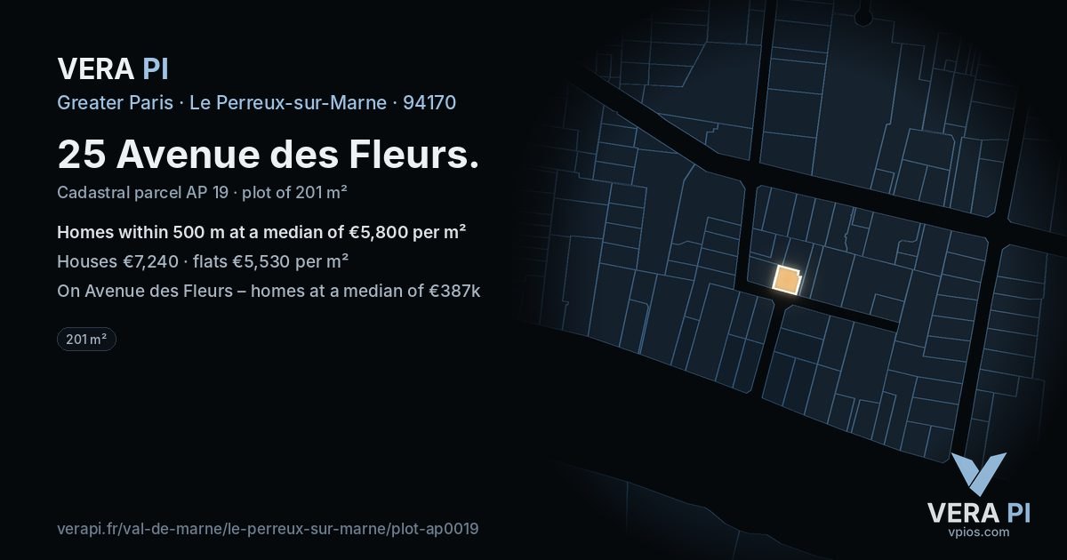 25 Avenue des Fleurs, Le Perreux-sur-Marne at night – the plot lit, the parcels around coloured by the prices near them