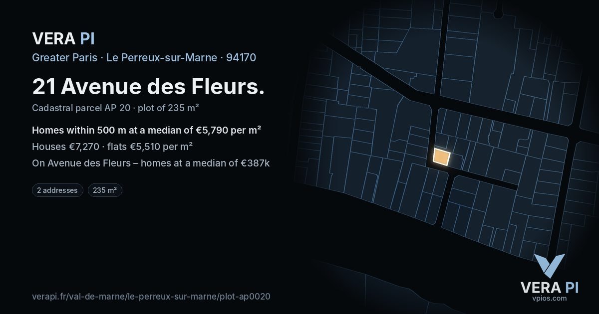 21 Avenue des Fleurs, Le Perreux-sur-Marne at night – the plot lit, the parcels around coloured by the prices near them