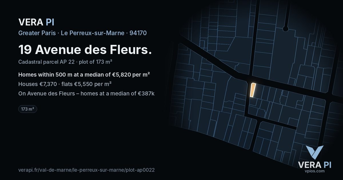 19 Avenue des Fleurs, Le Perreux-sur-Marne at night – the plot lit, the parcels around coloured by the prices near them
