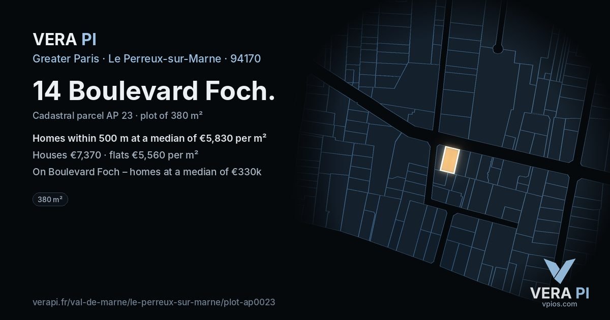14 Boulevard Foch, Le Perreux-sur-Marne at night – the plot lit, the parcels around coloured by the prices near them